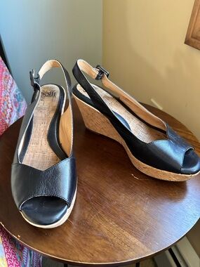 Söfft Black Leather Cork Wedge Sandals Slingback Peep Toe Platform 10M